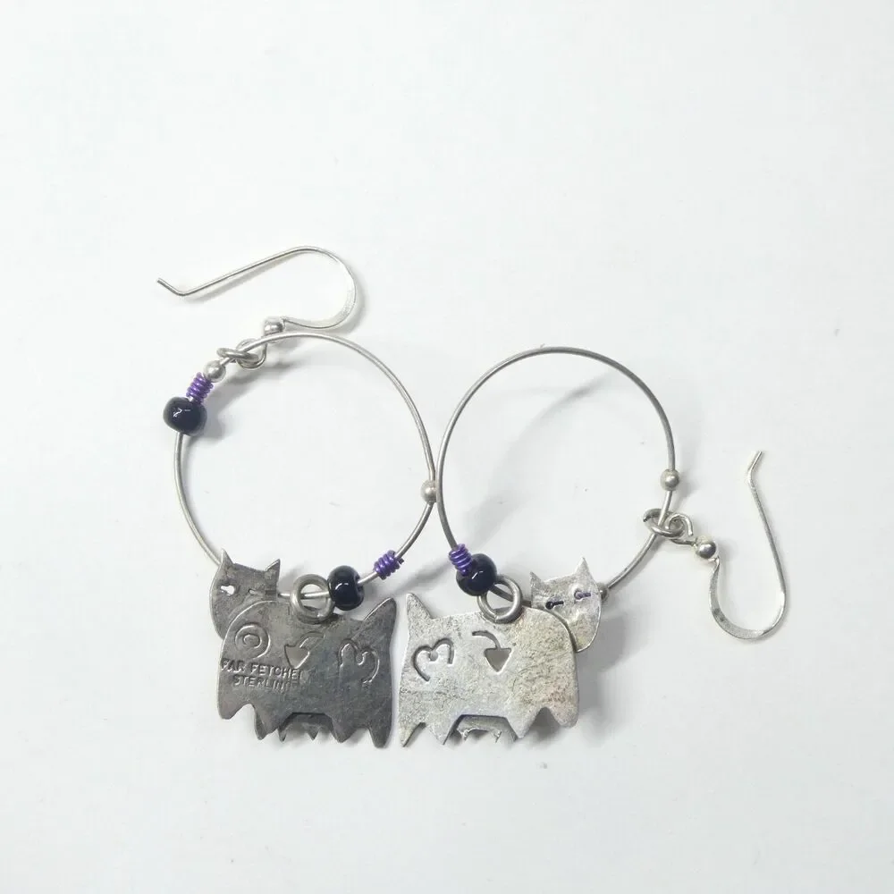Far Fetched Cat Family Hoop Earrings 925 Sterling Silver